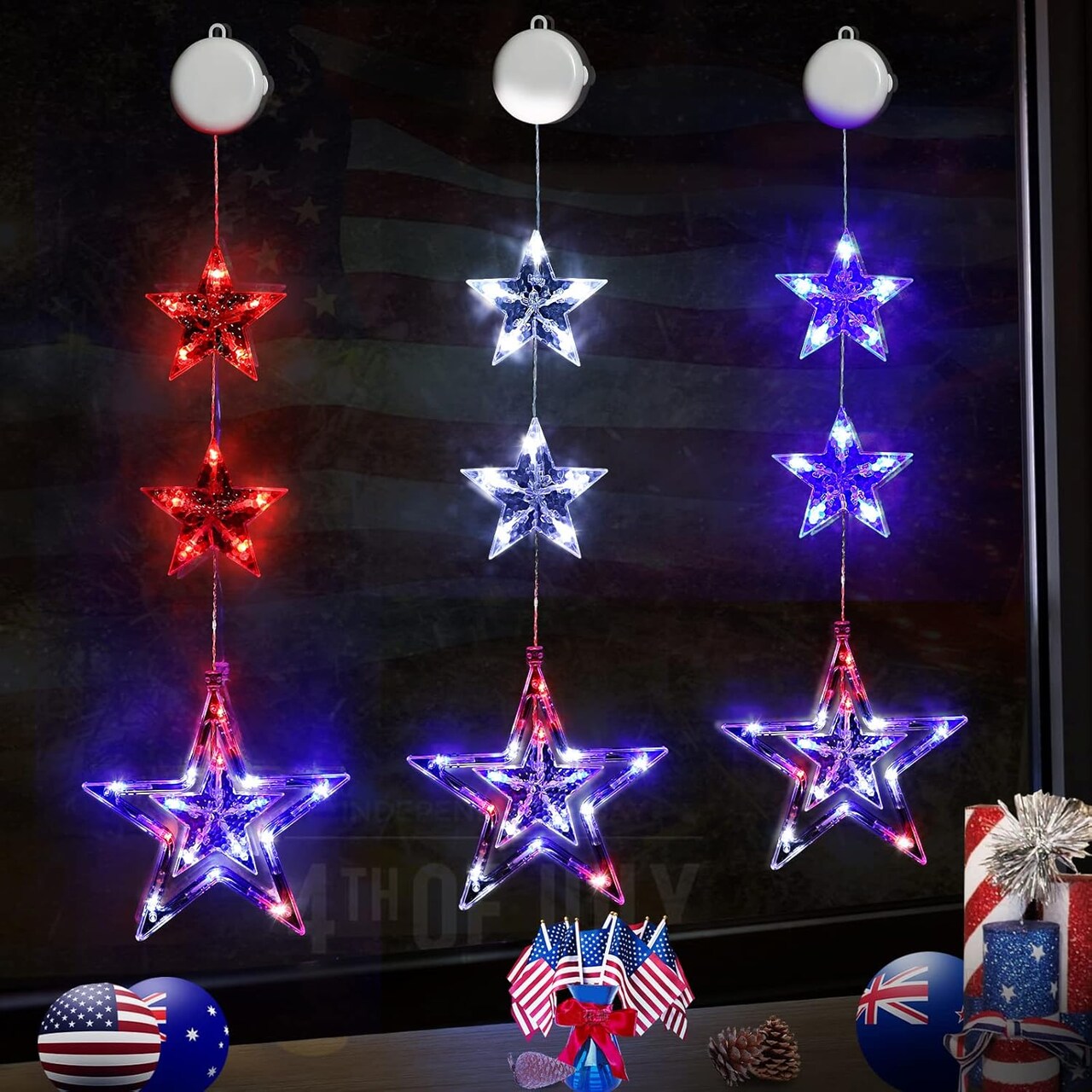 4th of July Lights, 3 Pack Red White and Blue Decorations with Timer Function